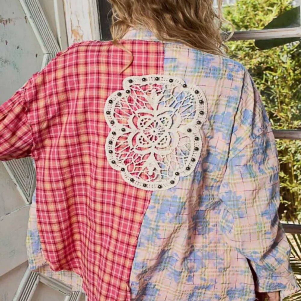 Pol New Release Crochet Back Patchwork Relaxed Sh… - image 2